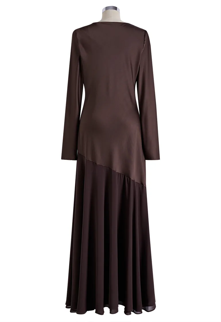 فستان شيك ويش بني ماكسي على شكل حرف A بأكمام طويلة - 10