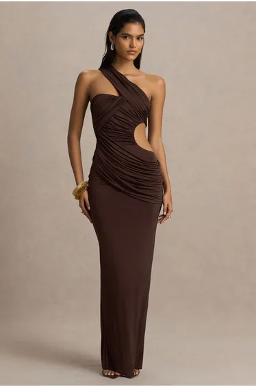 فستان ماكسي بقصة ضيقة بفتحات بياقة غير متناظرة - بني