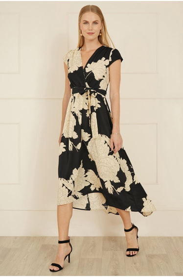 Yumi Black Blossom Print Wrap Maxi With Dipped Hem