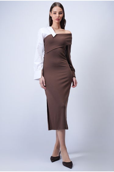 Brown Shirt Collar Detailed Midi Dress