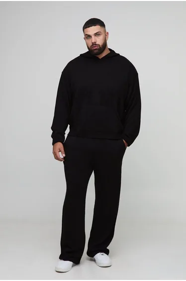 Plus OFCLMAN Oversized Boxy Knitted Hoodie & Regular Fit Jogger Tracksuit - black