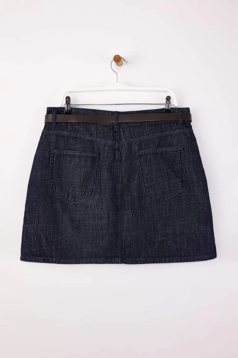 Dark Blue Belt Detailed Denim Shorts Skirt with Skirt-Like Back View - 6