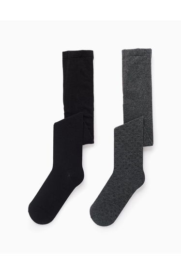 Pack of 2 Tights Plain/Rhombus for Girls, Grey/Black