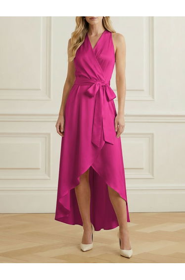 High-Low Loose Ruffle Trim Solid Color Tied Waist V-Neck Maxi Dresses