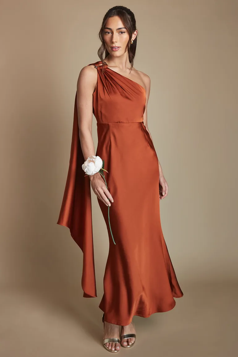 Petite One Shoulder Satin Maxi Bridesmaid Dress With Gold Trim