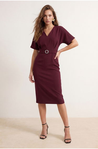 Burgundy Plain Midi Woven Dress