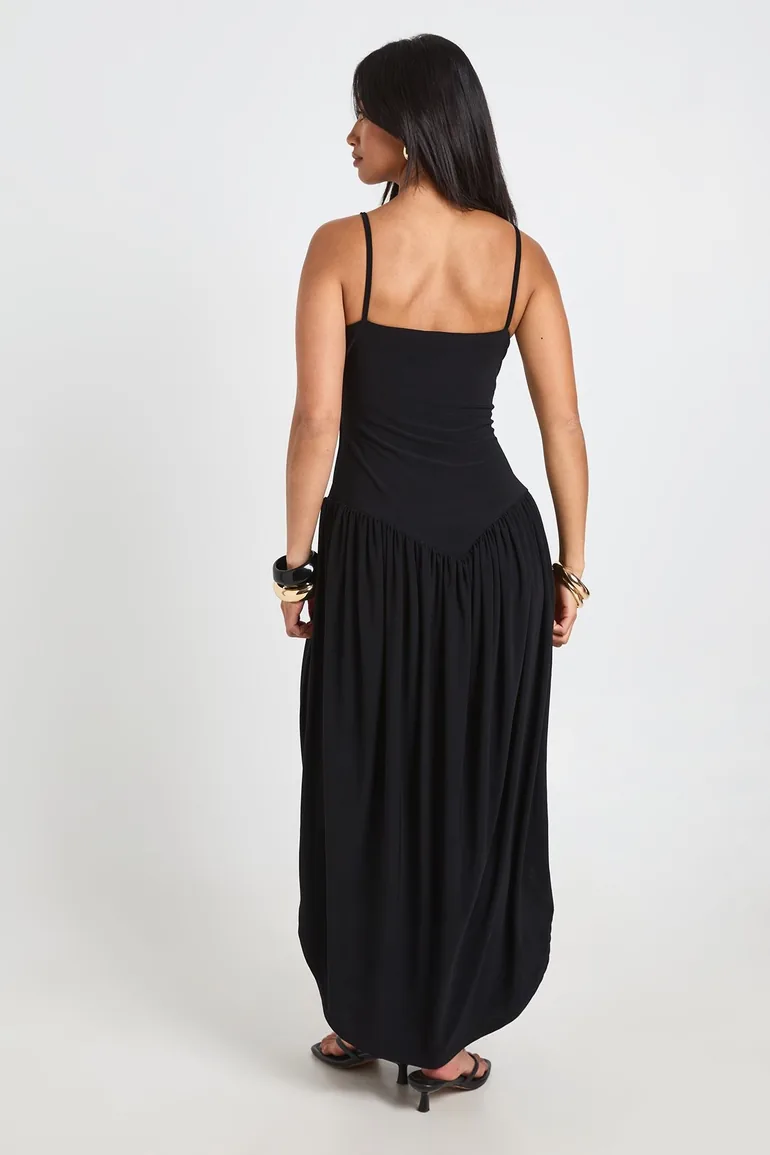 Petite Slinky Cami Maxi Dress With Ruched Waistband - black - 1