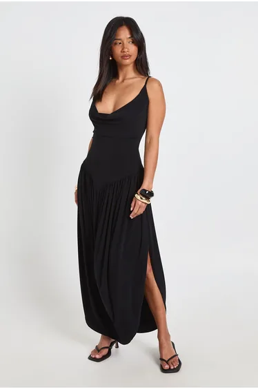 Petite Slinky Cami Maxi Dress With Ruched Waistband - black