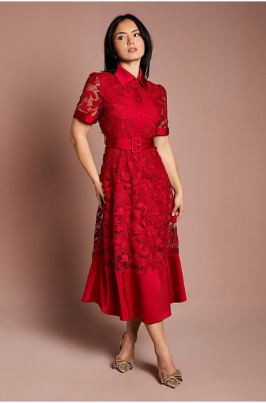 Petite Satin Trim Lace Shirt Midi Dress