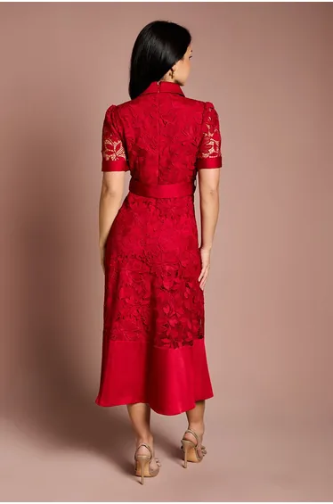 Petite Satin Trim Lace Shirt Midi Dress