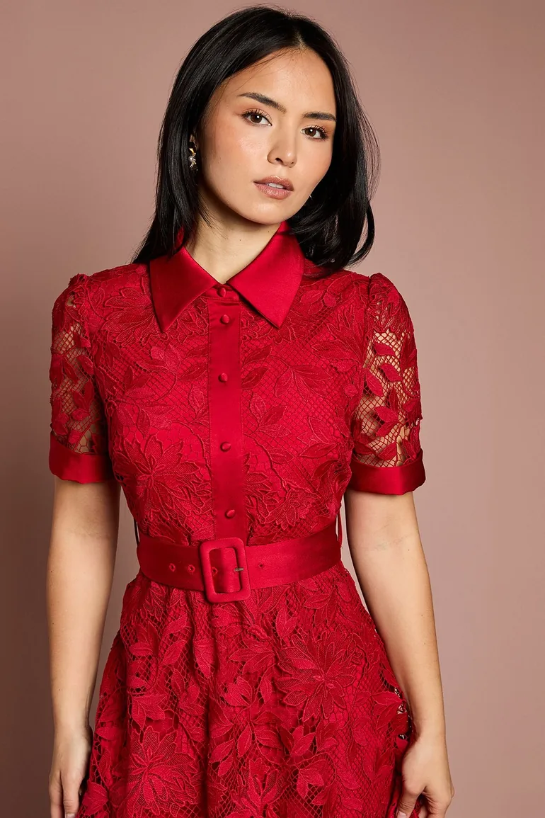Petite Satin Trim Lace Shirt Midi Dress - 1
