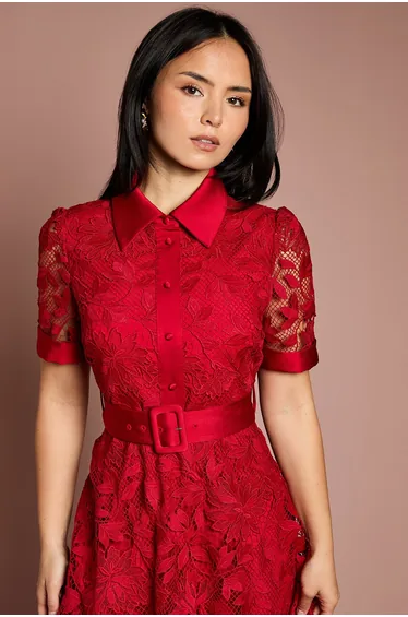 Petite Satin Trim Lace Shirt Midi Dress