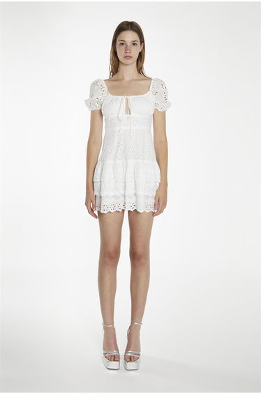 Tie Front Mini Dress - White Broderie