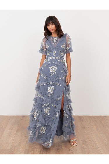 Maya Infinity Blue Embellished Angel Sleeve Ruffled Maxi Dress