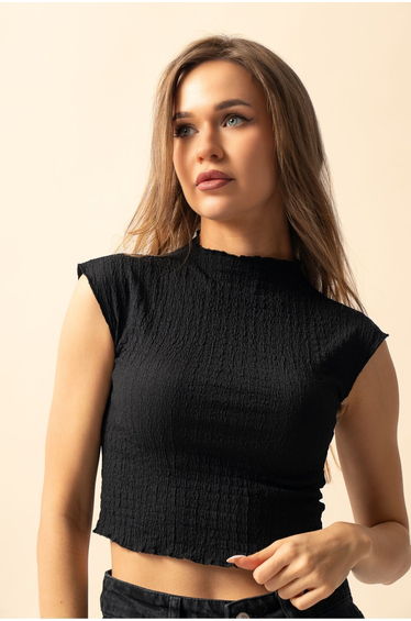 Black Sleeveless Seersucker Fabric Top
