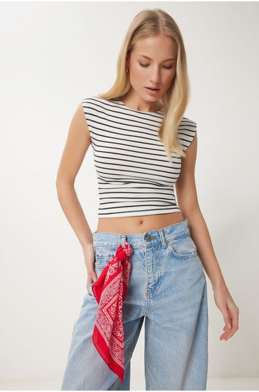 Women's Bone Black Striped Ribbed Knitted Crop Blouse