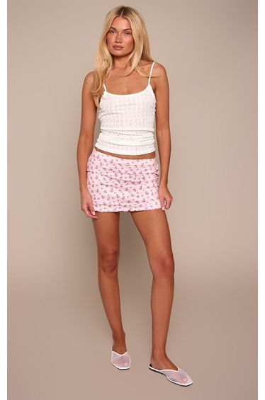 Pink Ditsy Floral Pointelle Bow Detail Mini Skirt