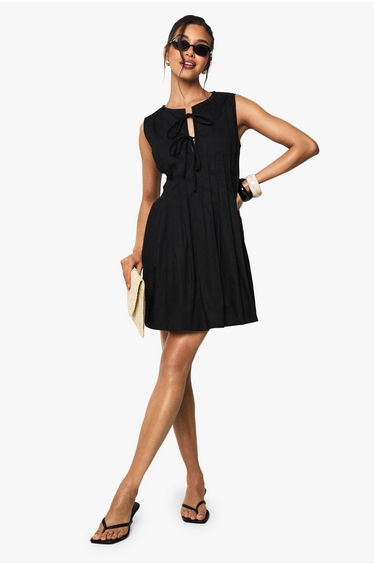 Cotton Poplin Pleated Swing Dress - black