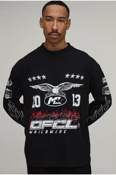 Black Oversized Moto Multi Graphic Long Sleeve T-Shirt - black