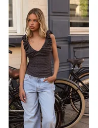 Dark Grey Polka Dot Ruched Sleeve Top