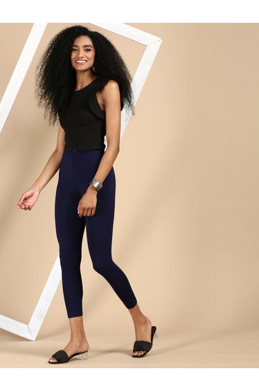 Navy Blue Knitted Viscose Blend Leggings