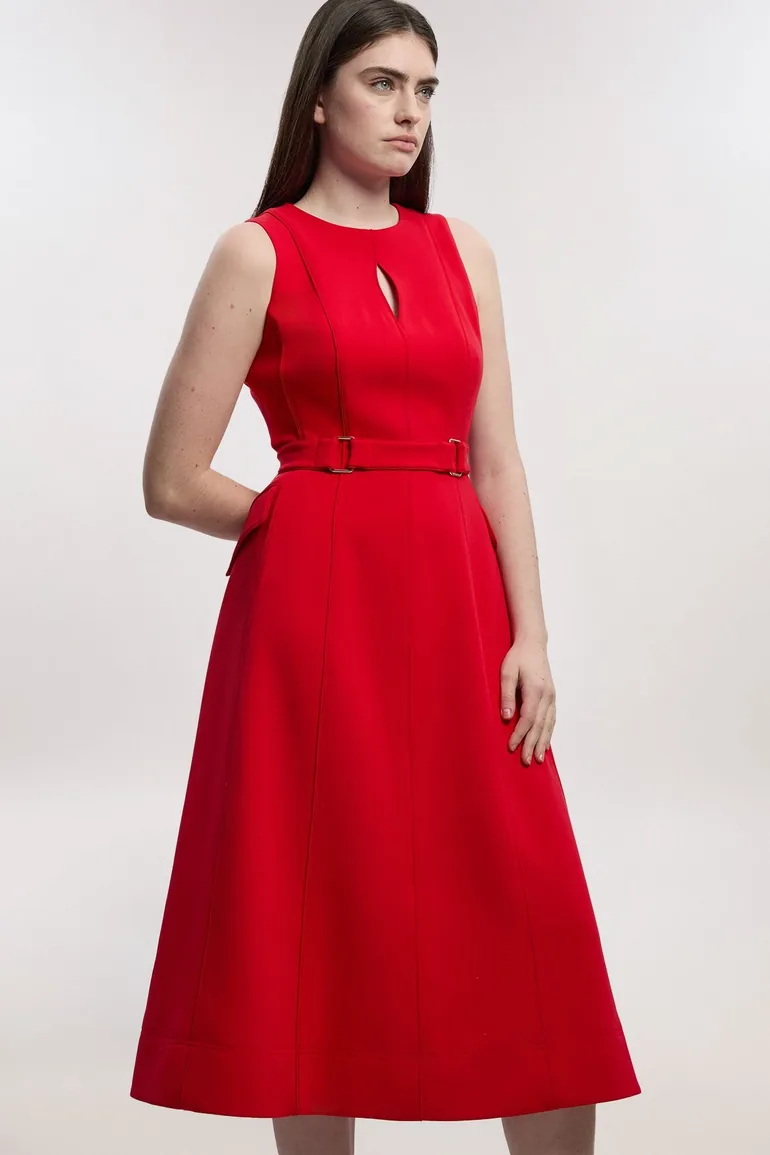 Compact Stretch Belted Seamed Full Skirted Midi Dress - 1