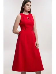 Compact Stretch Belted Seamed Full Skirted Midi Dress - 1