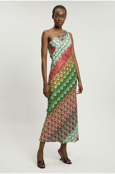 Satin Viscose Multi Print One Shoulder Maxi Dress