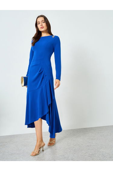 Blue Ruffled Detail Asymmetric Hem Midi Dress