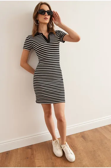 Women's Striped Black Polo Neck Mini Camisole Dress