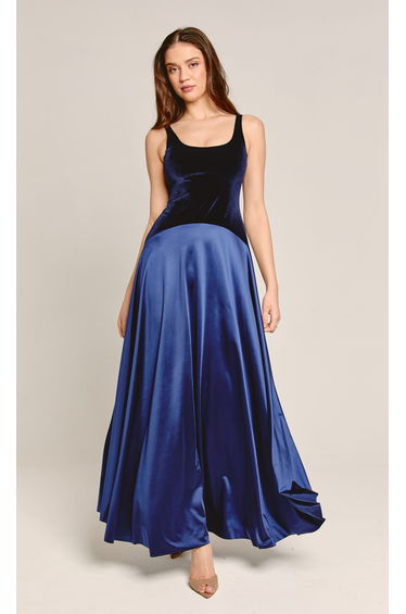 Navy Velvet & Satin Curved Drop Waist Maxi Dress