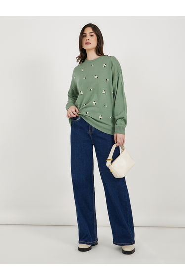 Relaxed Fit Embroidered Floral Knit Sweater