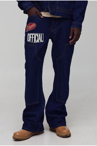 Relaxed Flared Varsity Badge Carpenter Denim Jeans - dark indigo
