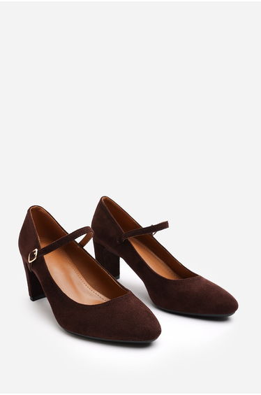 Evangeline Wide Fit Block Heel Mary Jane Pumps in Dark Brown Suede