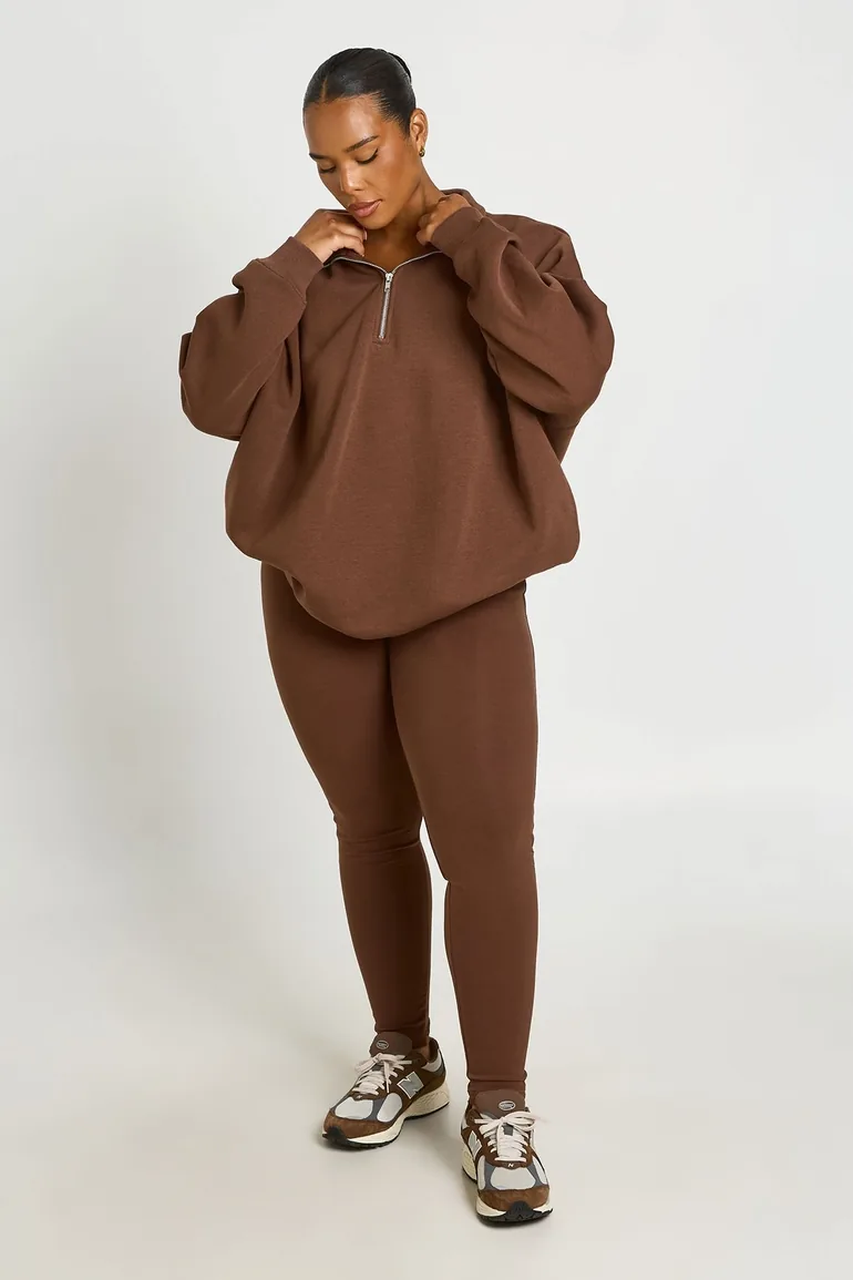 Plus Oversized Half Zip Sweatshirt And Legging Set - chocolate - 2