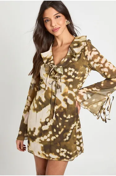 Abstract Chiffon Ruffle Shift Dress - brown