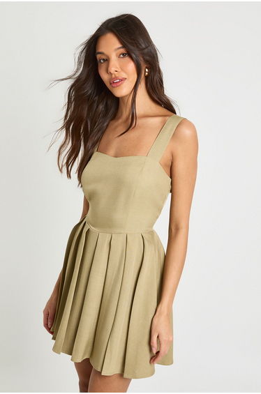 Pleated Full Skirt Mini Dress - taupe