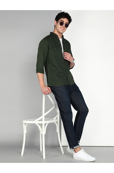 Men Olive Cotton Twill Shirt