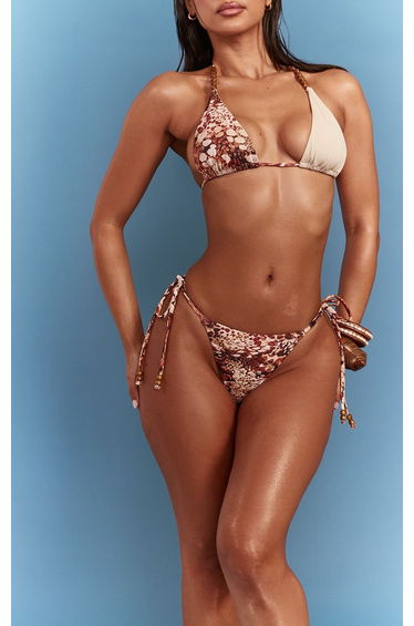 Stone Snake Print Tie Side Beaded Bikini Bottoms