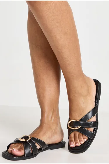 Gold Trim Strappy Sliders - black