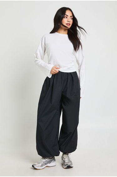 Poplin Low Rise Concealed Waistband Balloon Trousers - black