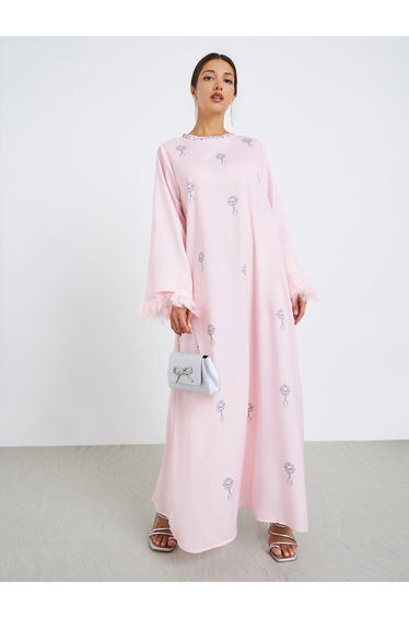 Women Printed Jalabiya with Faux Feather Trim
