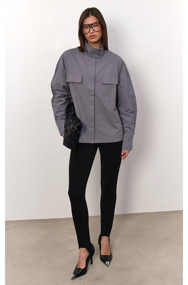 Grey Cotton Funnel Neck Boxy Shirt