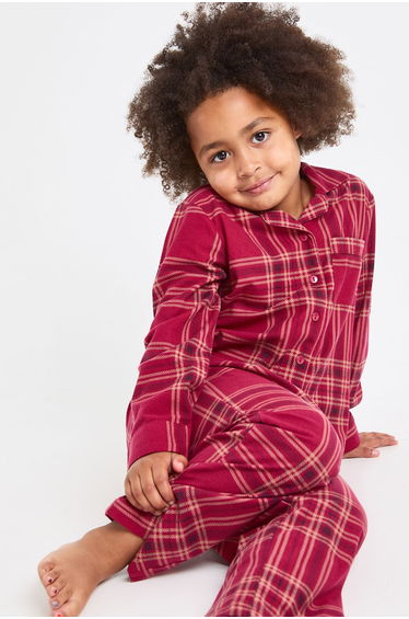 Kids Matching Family Check Baby Fleece Long Sleeve Shirt & Trousers Pyjama Set - red