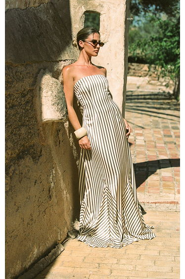 Olive Satin Bandeau Stripe Maxi Dress