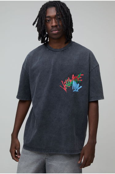 Oversized Acid Wash Graffiti Print T-shirt - washed black