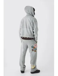 Oversized Applique Distressed Zip Through Brushback Hoodie - charcoal - 1