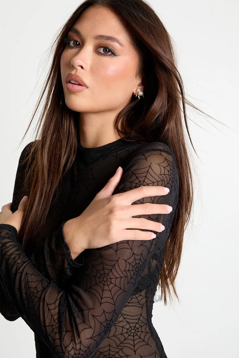 Halloween Cobweb Flock Mesh Jumpsuit - black - 2