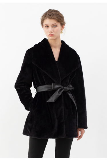 Faux Fur PU Leather Belted Coat in Black