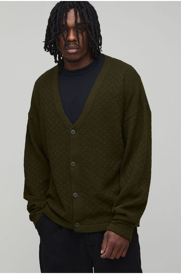 Tall Relaxed Fit Basket Knit Cardigan - khaki